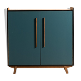 Vintage low sideboard restyled in blue with 2 swing doors and wooden base