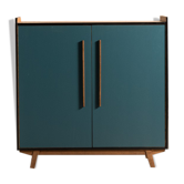 Vintage low sideboard restyled in blue with 2 swing doors and wooden base