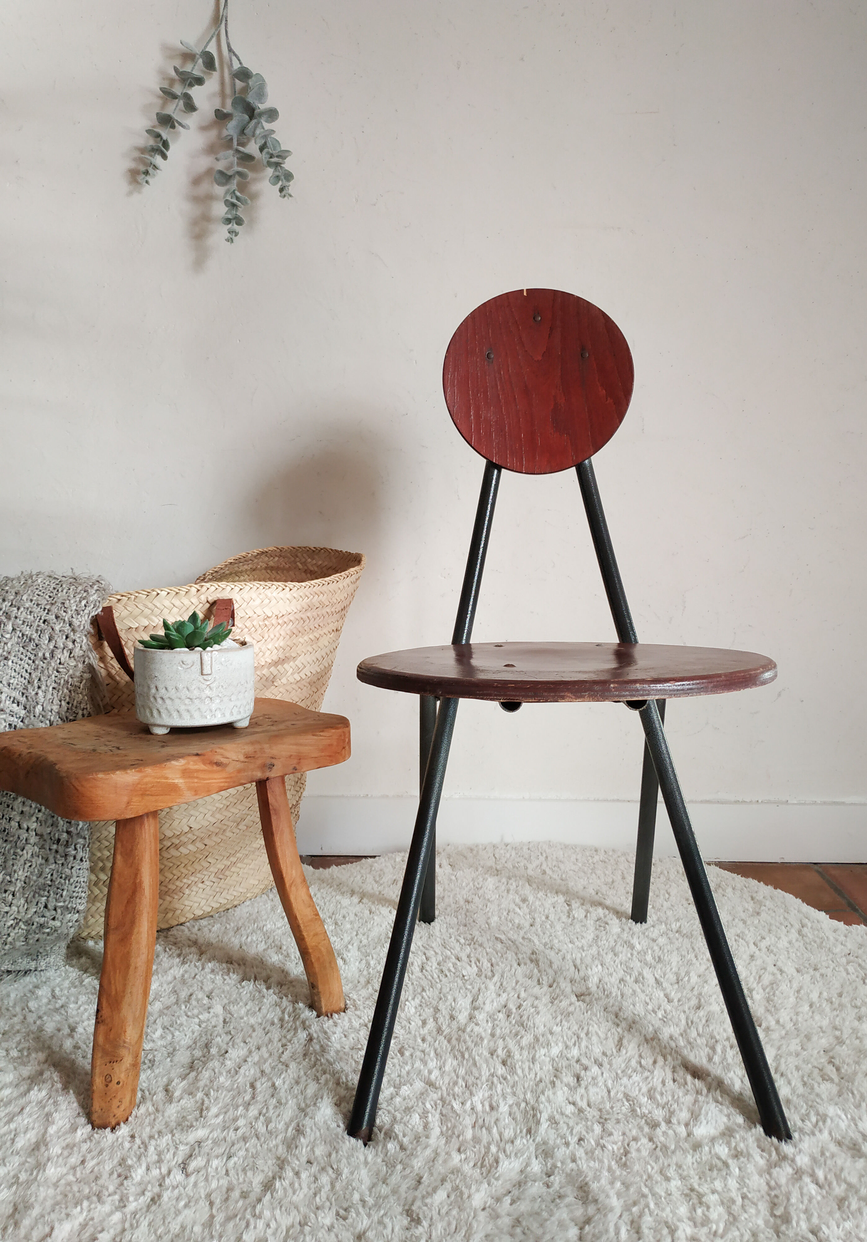 Old wooden chair and seated metal and round back