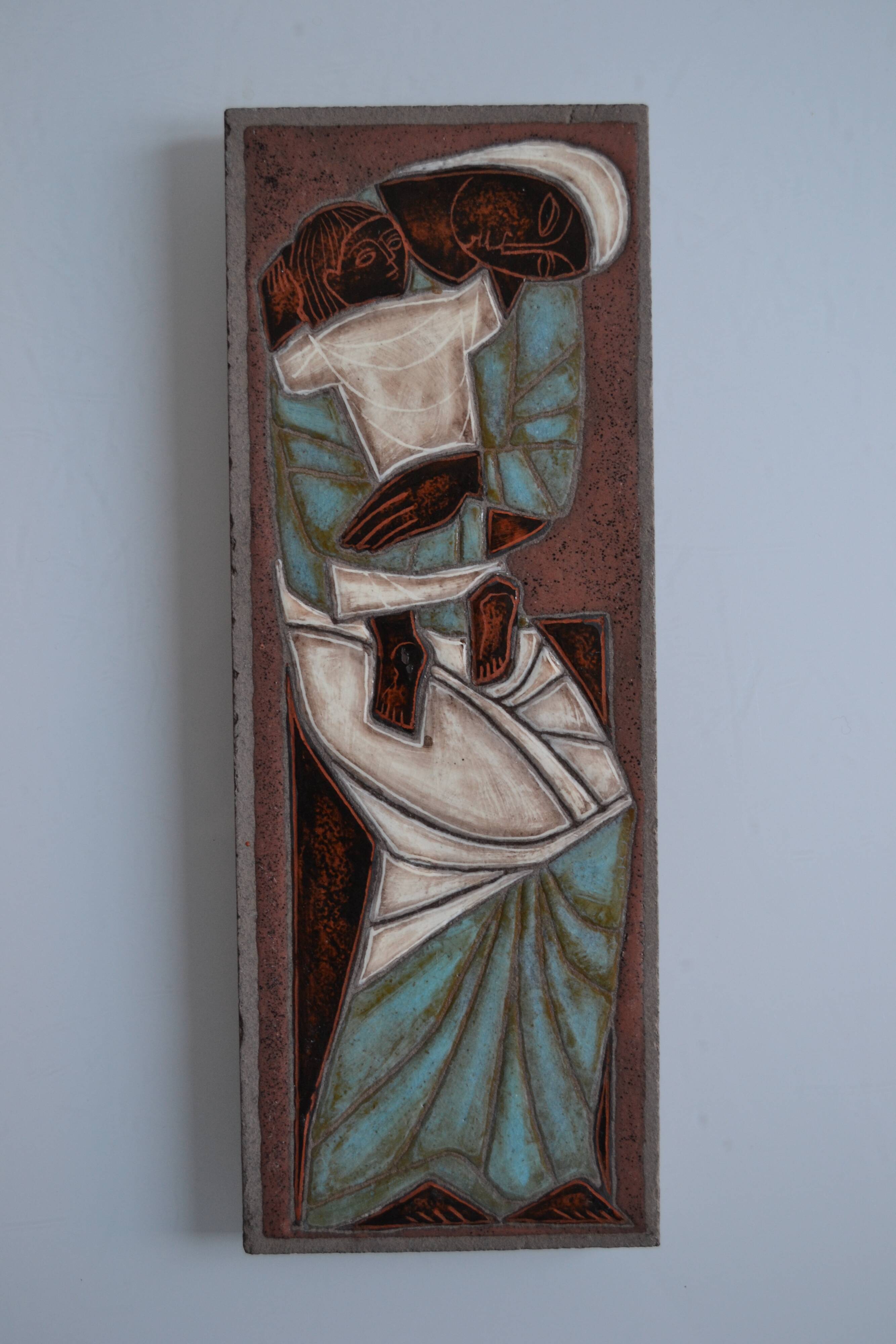 Plaque émaillée du milieu du siècle Virgin to the Child, France, datant d'enviro