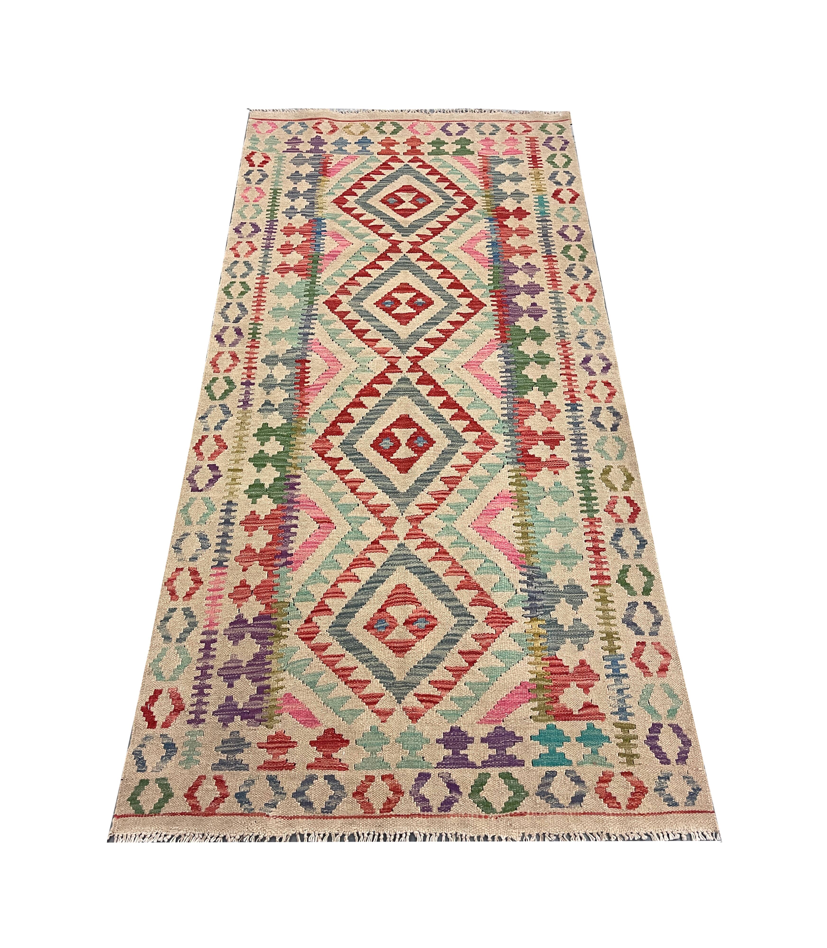 Pink Beige Geometric Kilim Runner Rug 198 x 98 cm