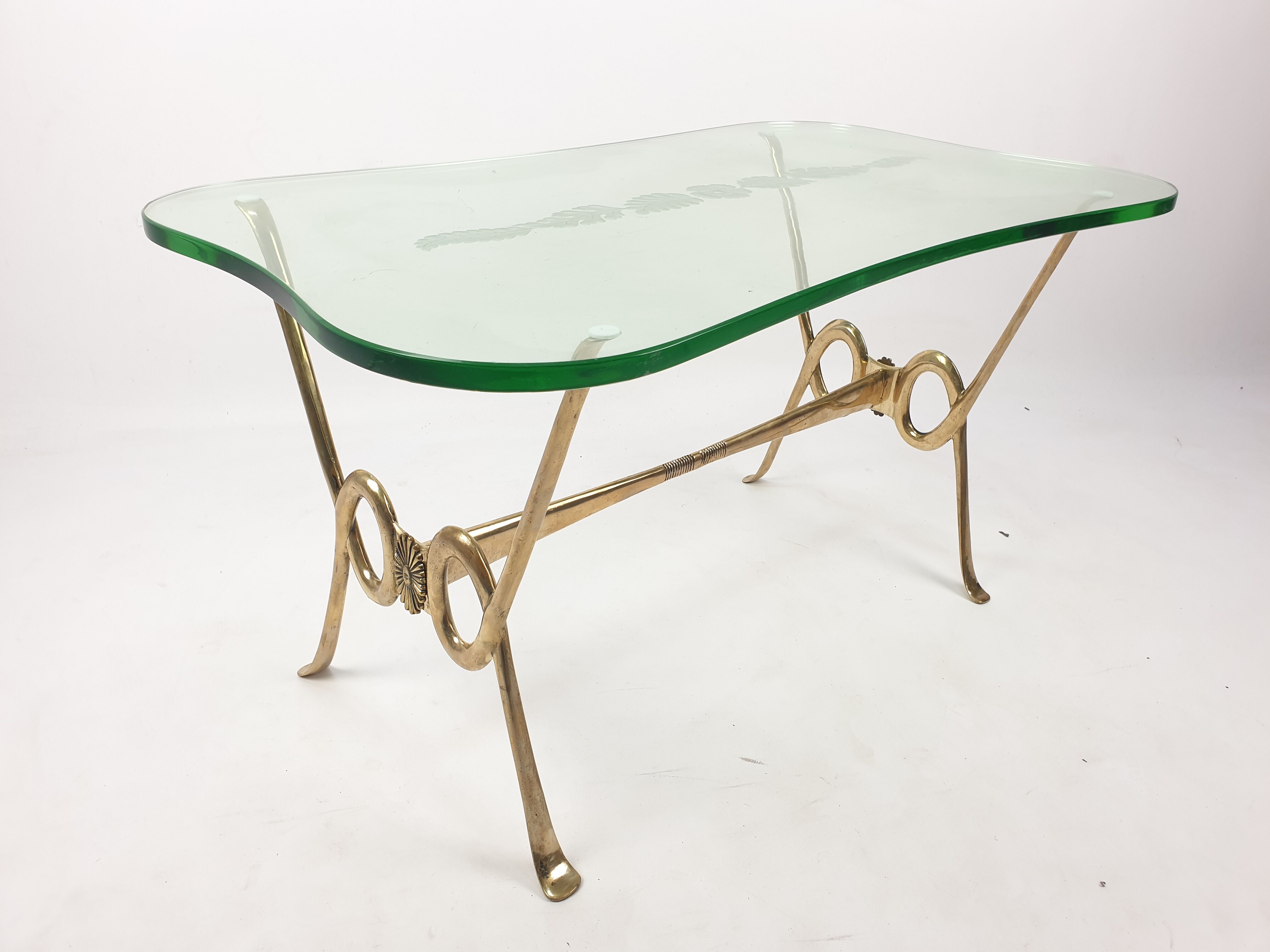Italian coffee table with etched glass and brass base, 1960