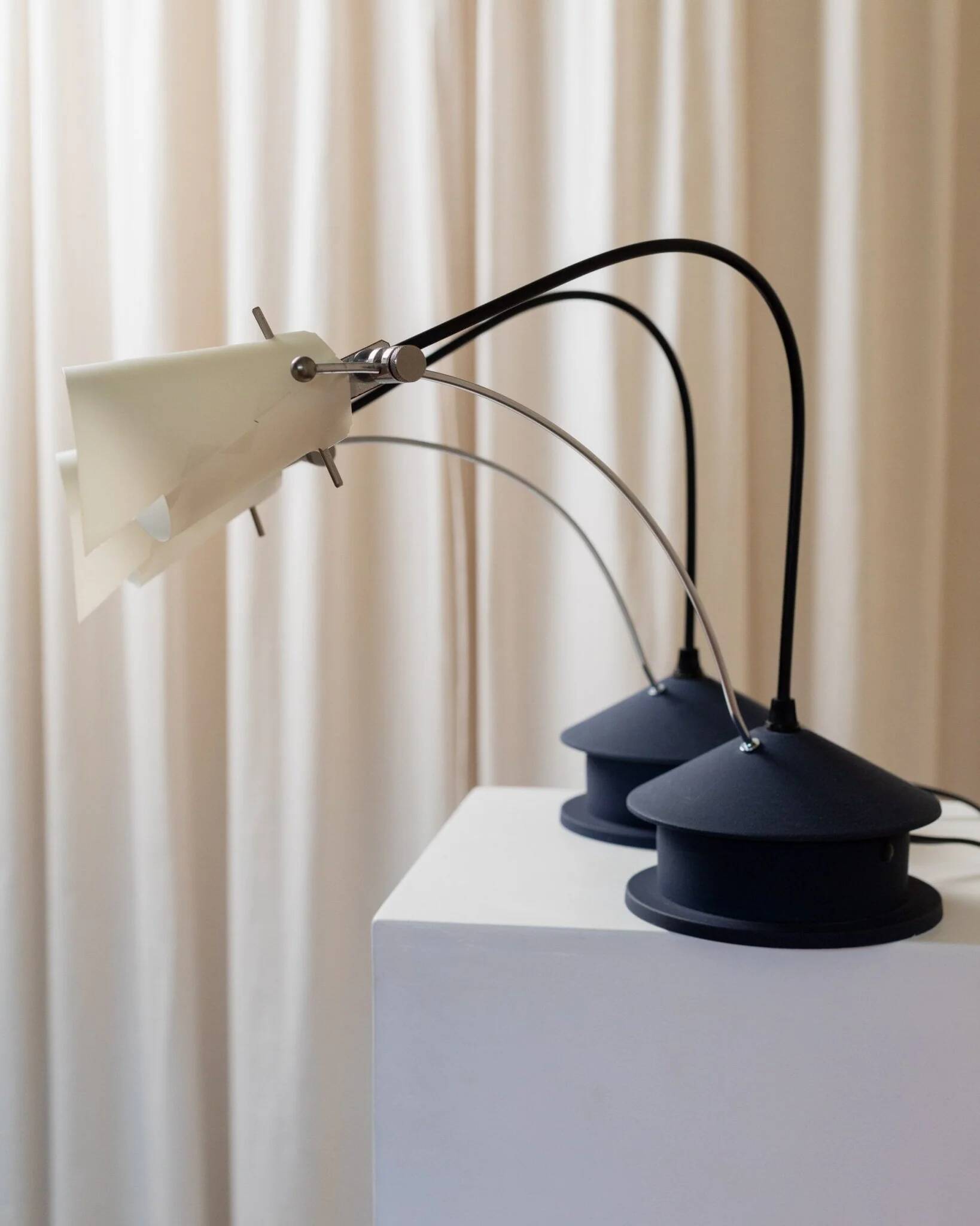 Vintage blue metal table lamp with adjustable chrome neck and white plastic origami shade, 1980s Italy