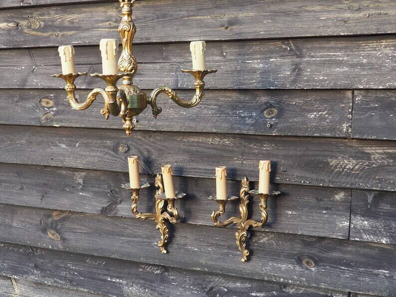 French Vintage Louis XV Style Bronze Candlestick & Sconce Set