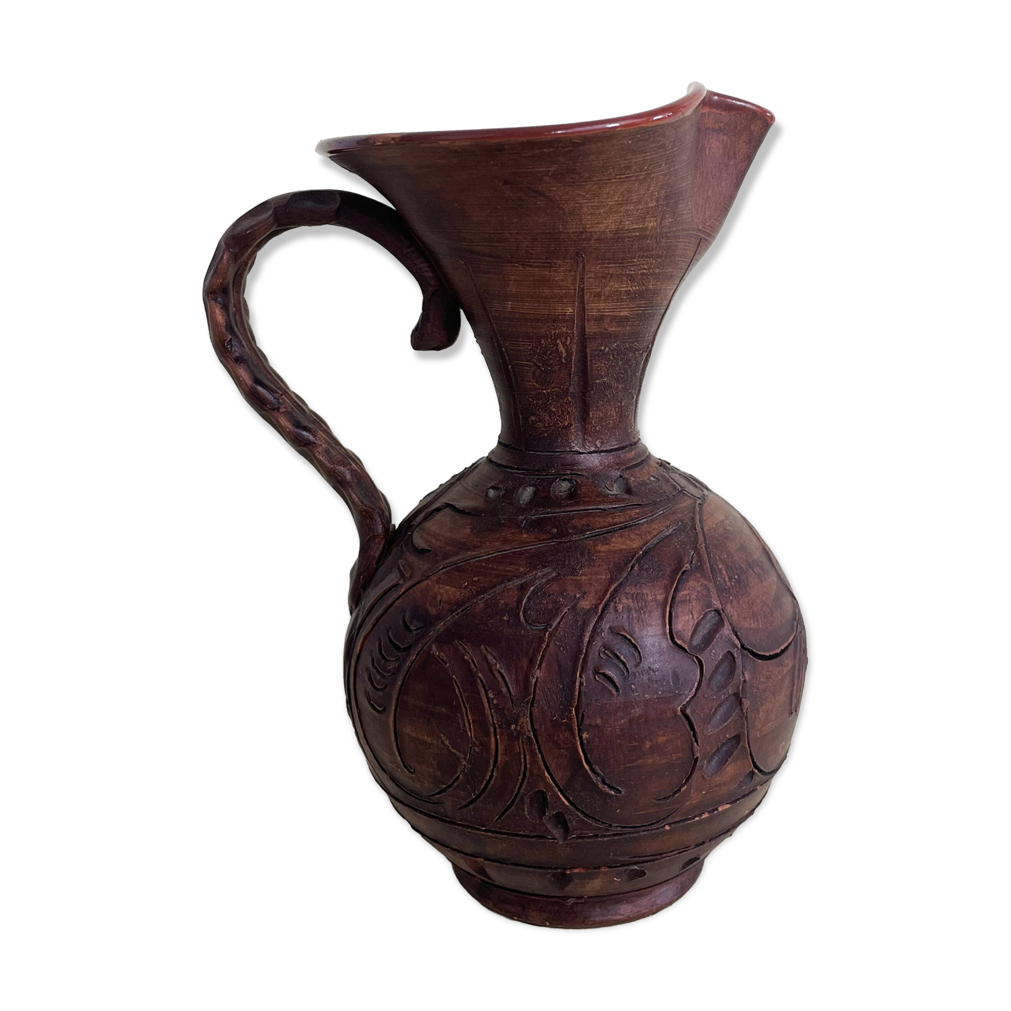 Terracotta Pitcher Vase with Enameled Interior and Engraved Wood Effect