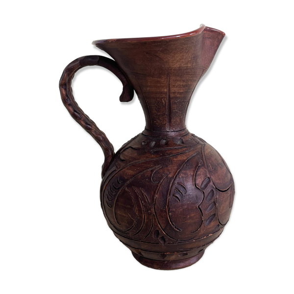 Vase Pichet en Terre Cuite Intérieur Émaillé Effet Bois Gravé
