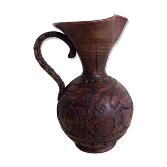 Vase Pichet en Terre Cuite Intérieur Émaillé Effet Bois Gravé