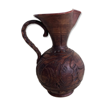 Terracotta Pitcher Vase with Enameled Interior and Engraved Wood Effect