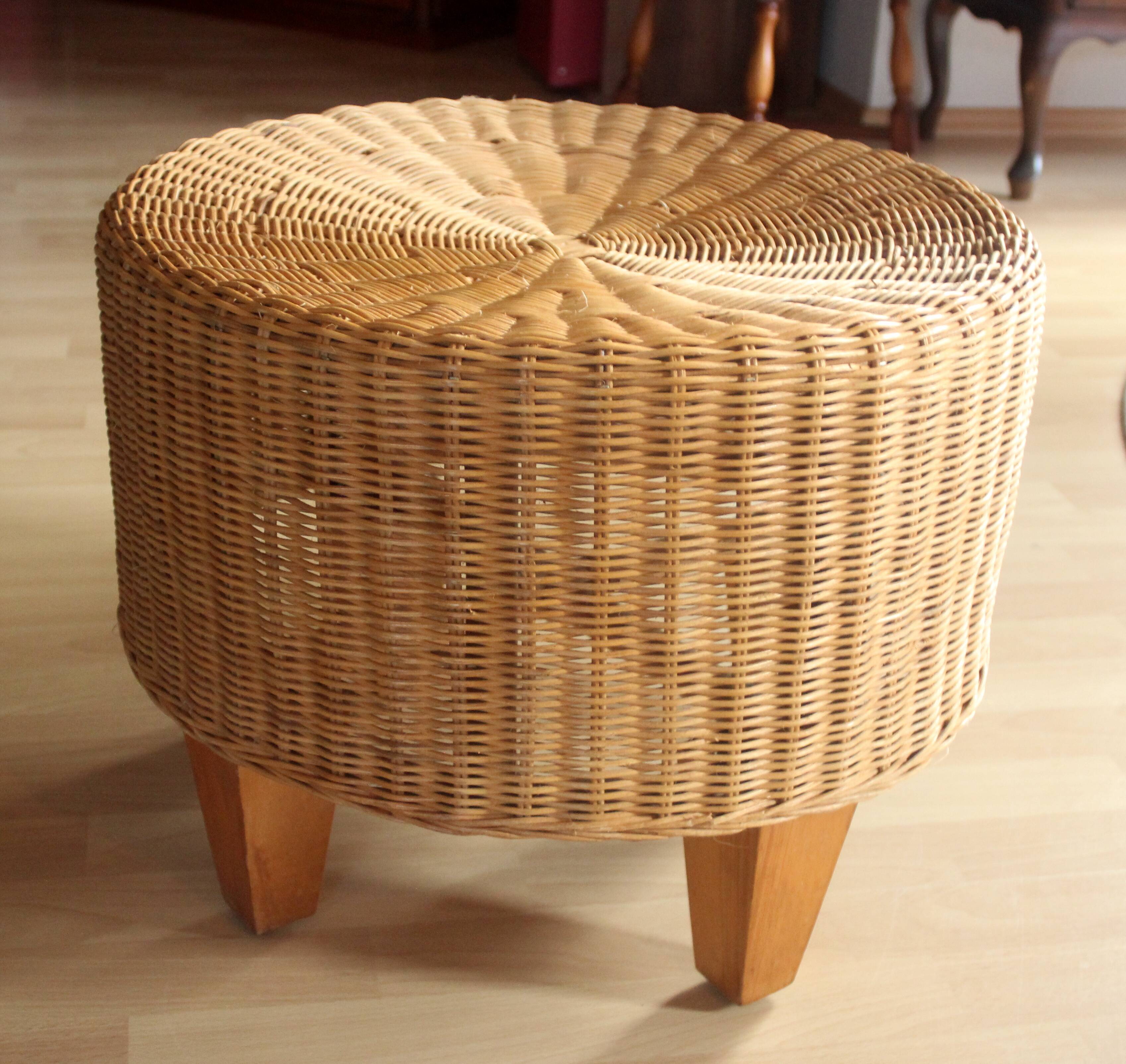 Table d'appoint ronde en rotin, bambou et bois - Vintage