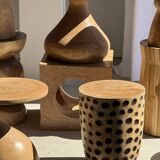Stool, side table, cylindrical solid mango wood end table.
