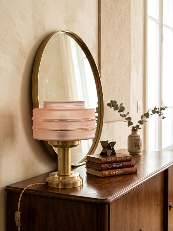Lampe à poser Art Déco upcyclée – Verre rose poudré et laiton