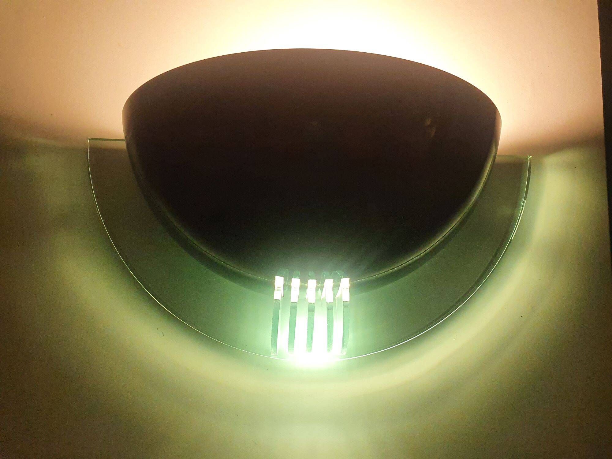 Pair of half-moon wall lights in green metal and plexiglass, 1980s