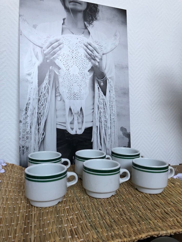 Lot 6 white porcelain cups green stripe