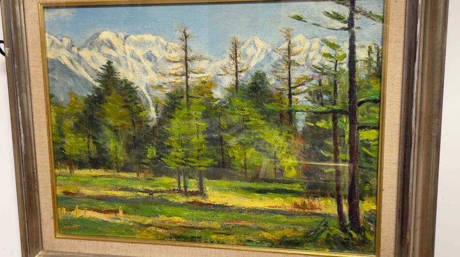 Snowy mountain landscape with pine trees, oil on canvas.