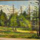 Snowy mountain landscape with pine trees, oil on canvas.