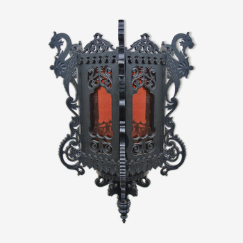 Lanterne chinoise en bois noir - à décor de dragons et tigres - verres de couleur orange