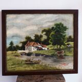 Antique oil painting, vintage bucolic countryside painting.