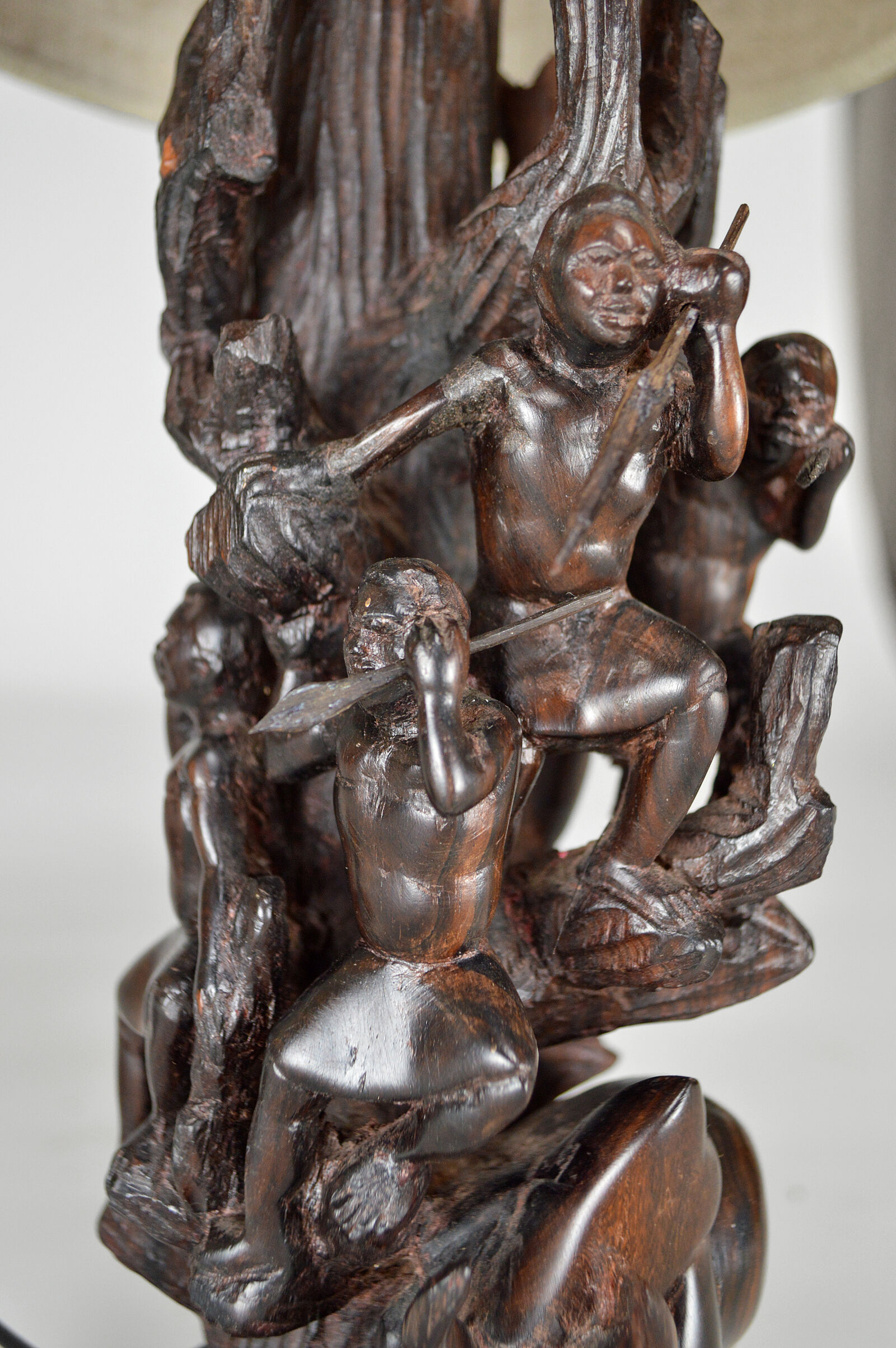 African carved ebony lamp, "Hunters, buffalo and crocodile"
