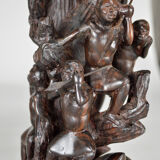 African carved ebony lamp, "Hunters, buffalo and crocodile"