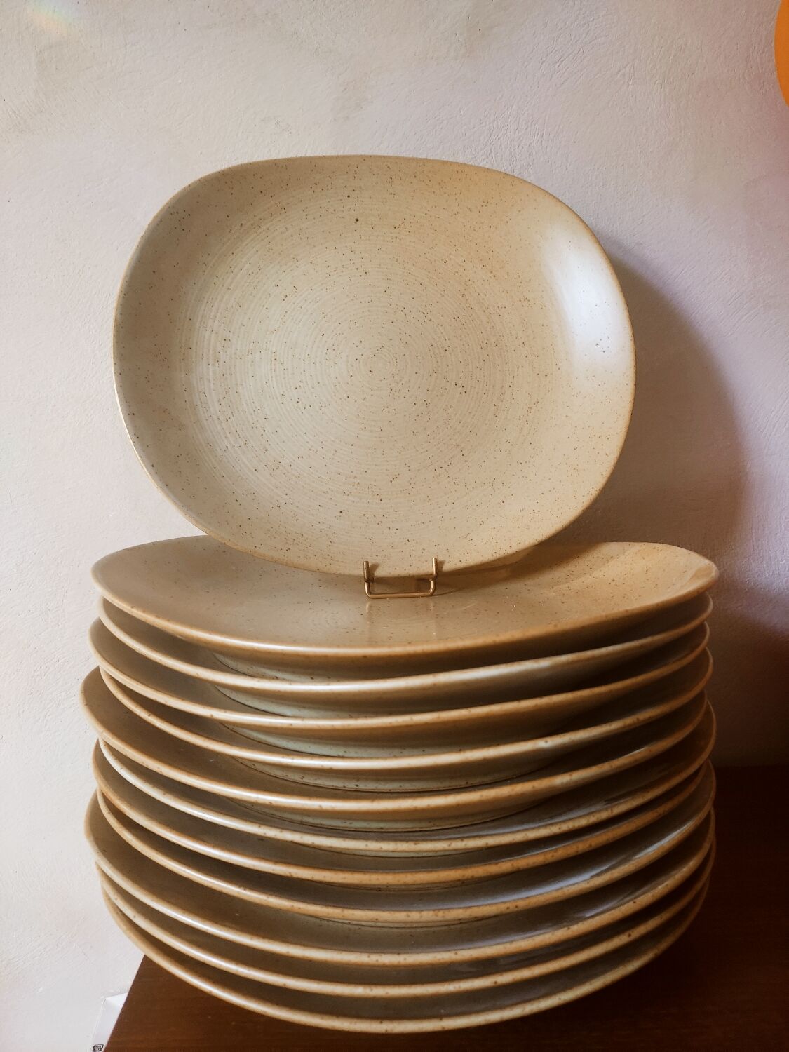 12 free-form speckled satin stoneware plates