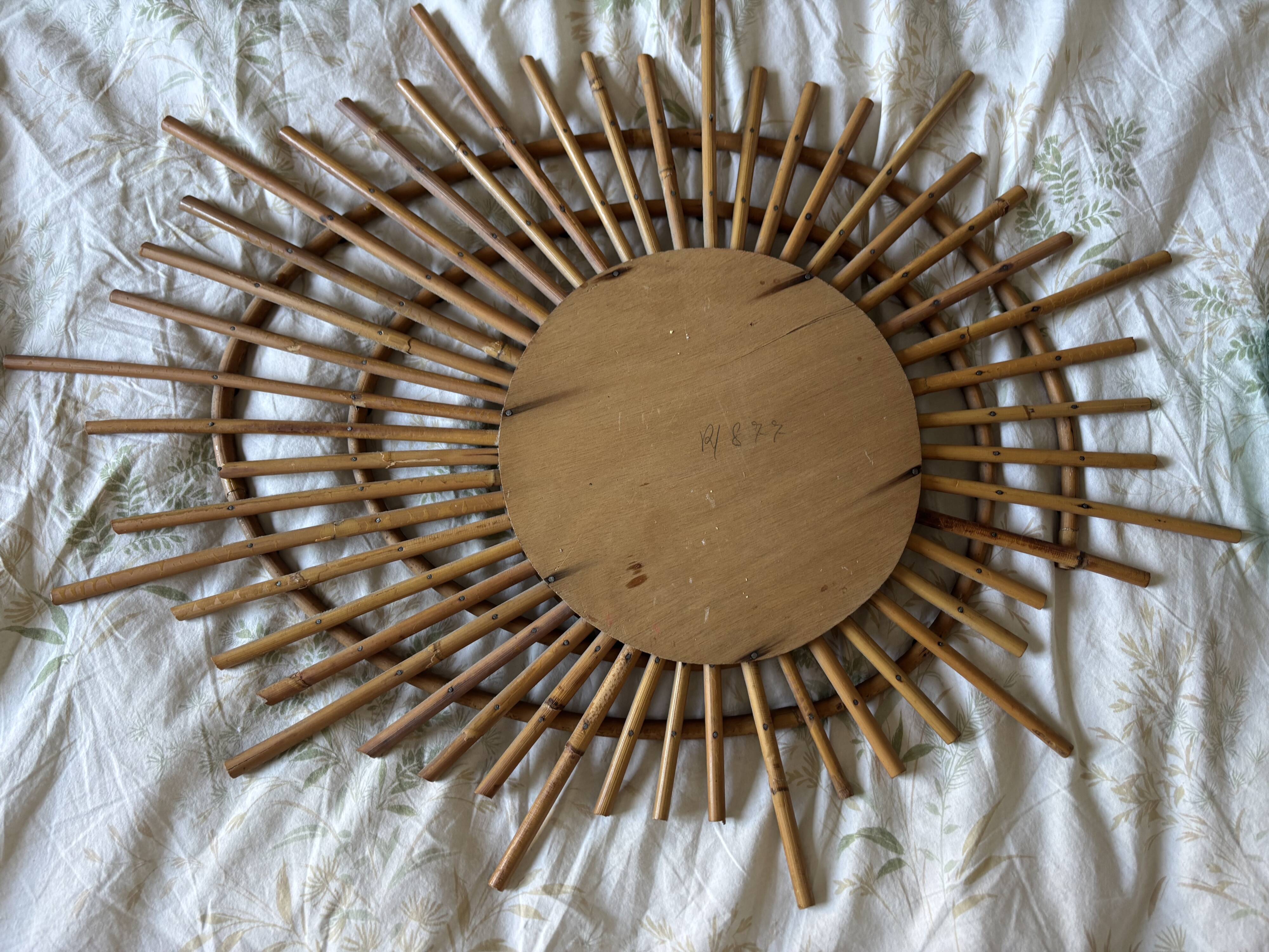 Vintage 1960s sun mirror, rattan, ORTF style, spiral eye - 66 x 50 cm