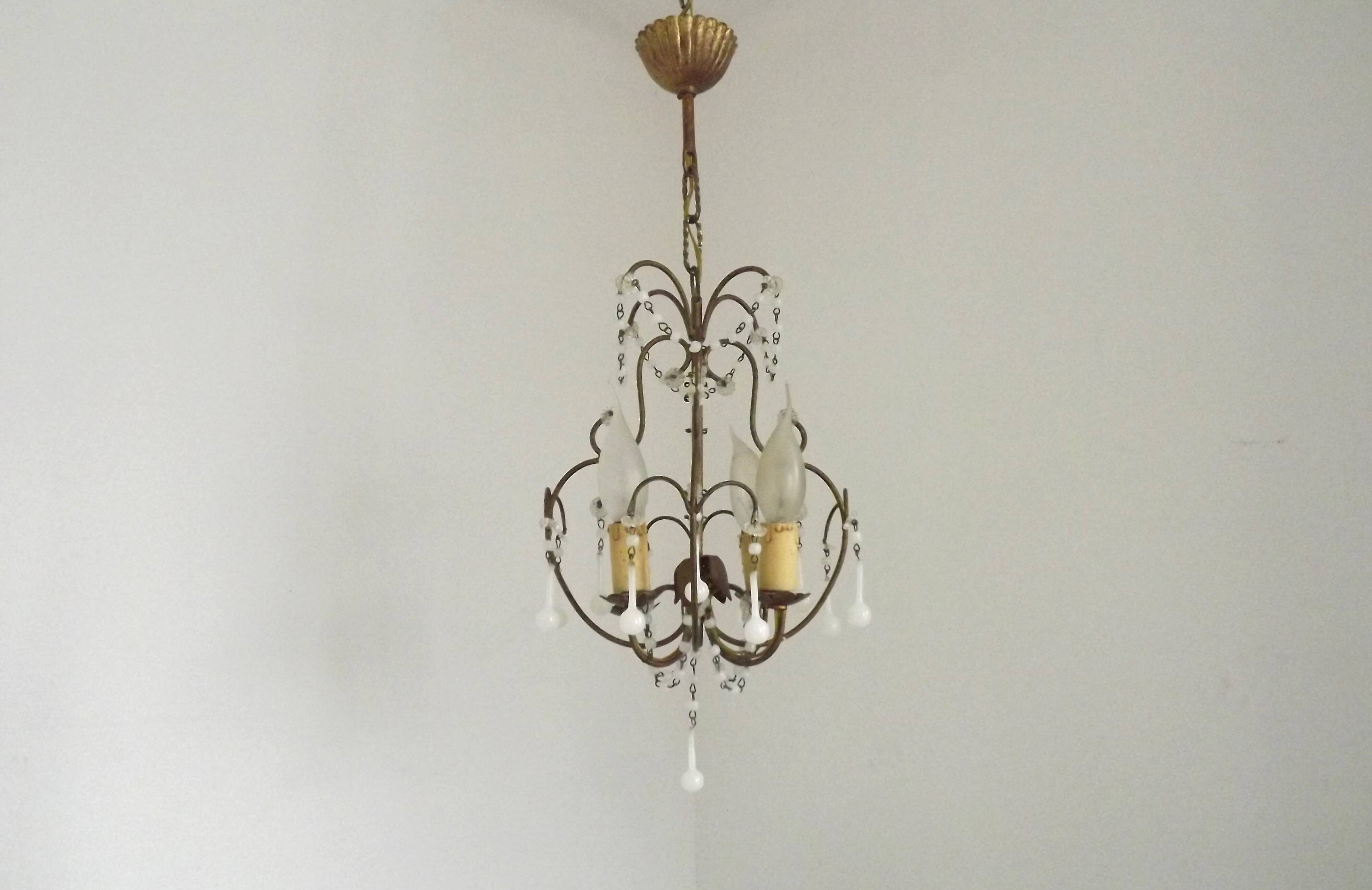 French Vintage 4 Light Metal Cage Chandelier with White Murano Drops and Beads