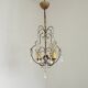 French Vintage 4 Light Metal Cage Chandelier with White Murano Drops and Beads