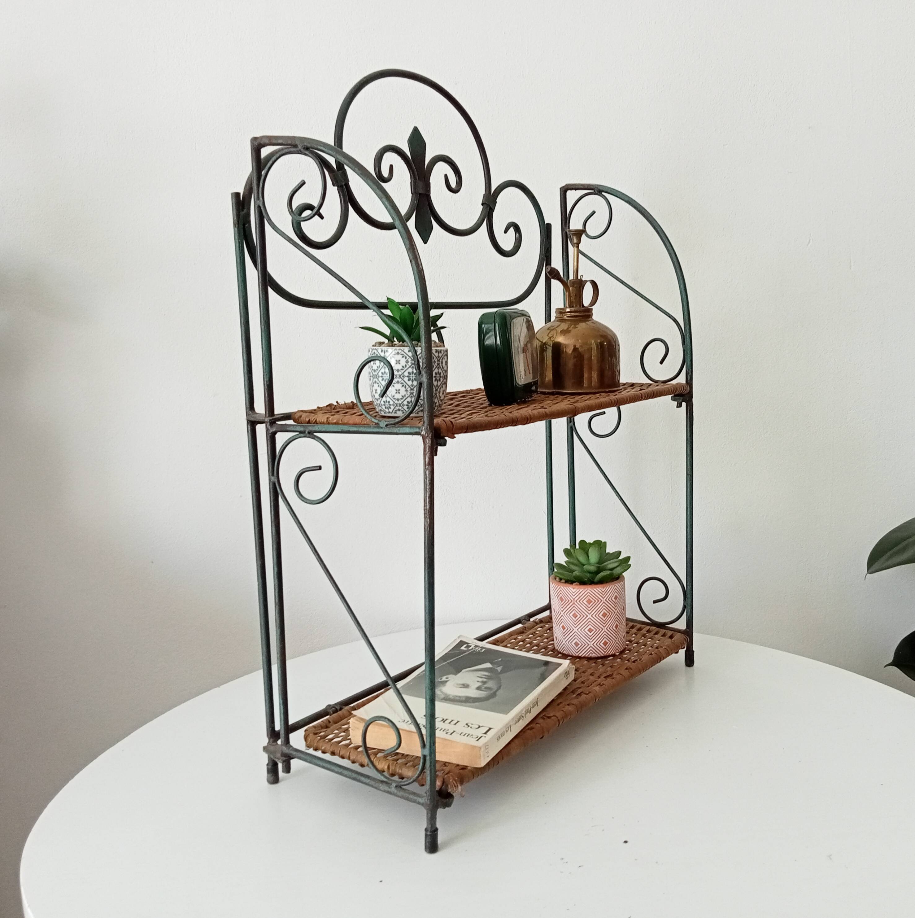 Vintage wall or table shelf in wrought iron and rattan