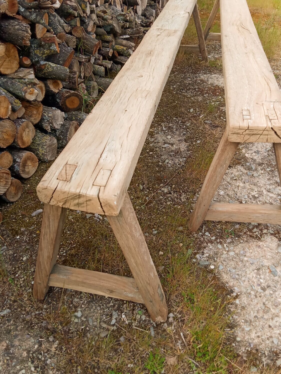 Pair of oak farmhouse benches 228 cm