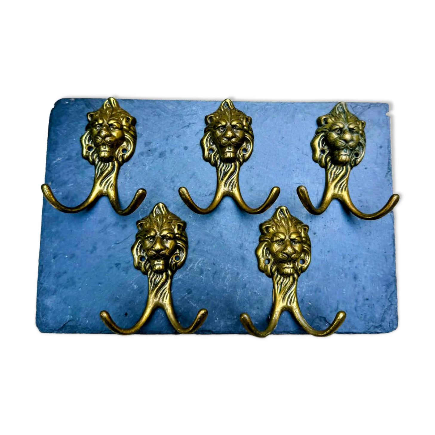 5 lion coat hooks in solid brass Art Nouveau