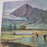 Large old painting landscape painting of rice fields and mounting
