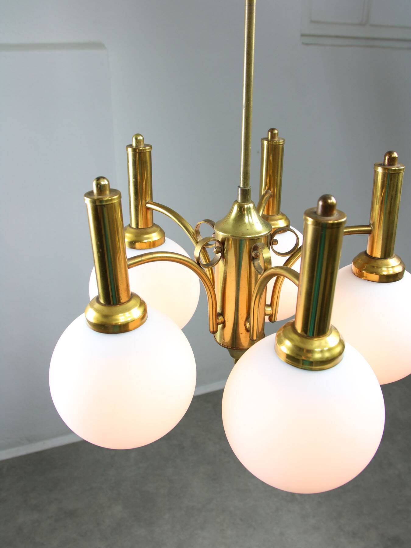 Mid-century Italian Brass and Opaline Chandelier