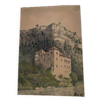 Aquarelle sur papier cartonné signé alix 1925 : chateau de la caze gorges st laval du tarn lozère