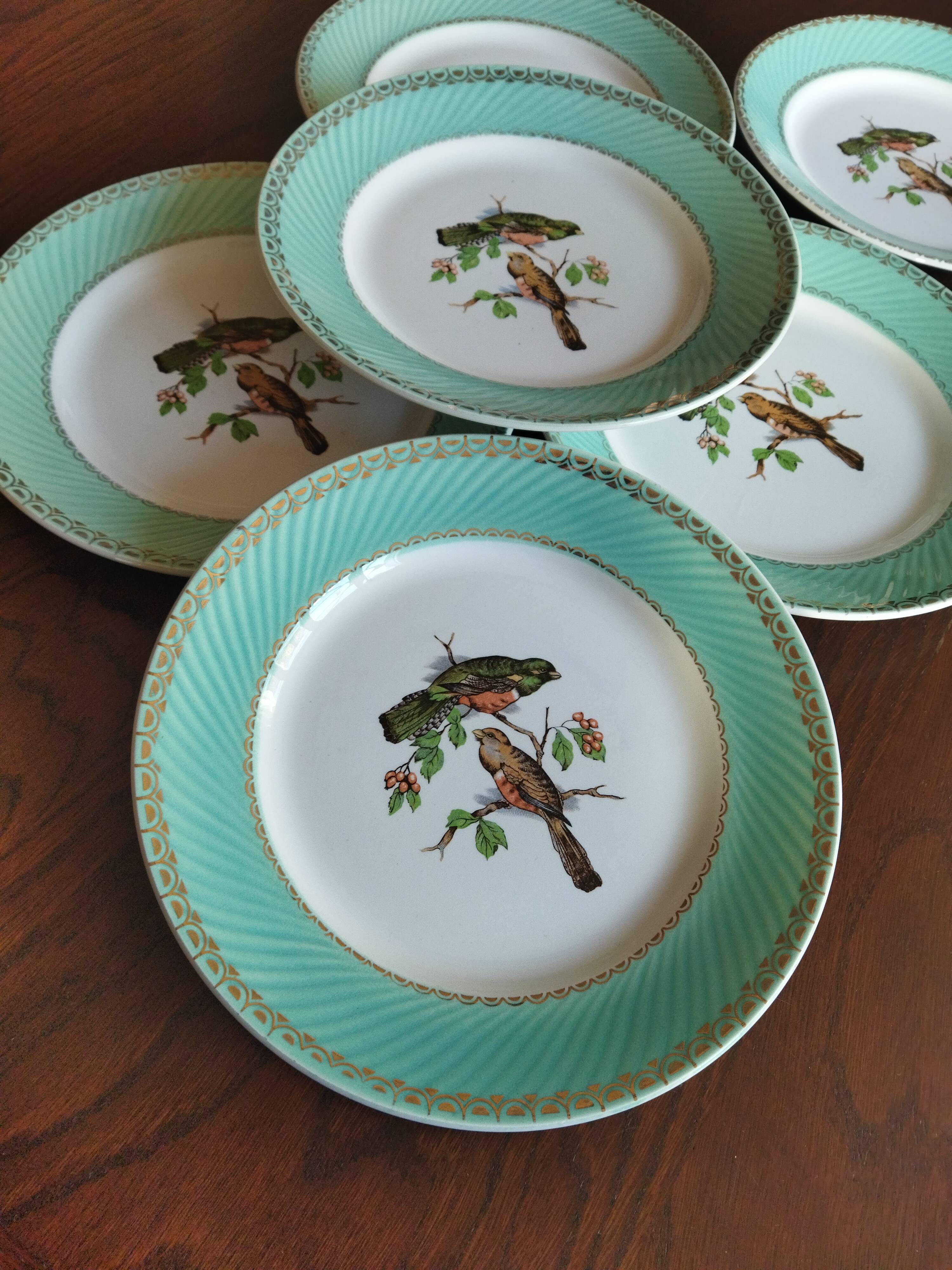 6 assiettes plates Fenal Badonviller "Oiseaux" vintage années 1950