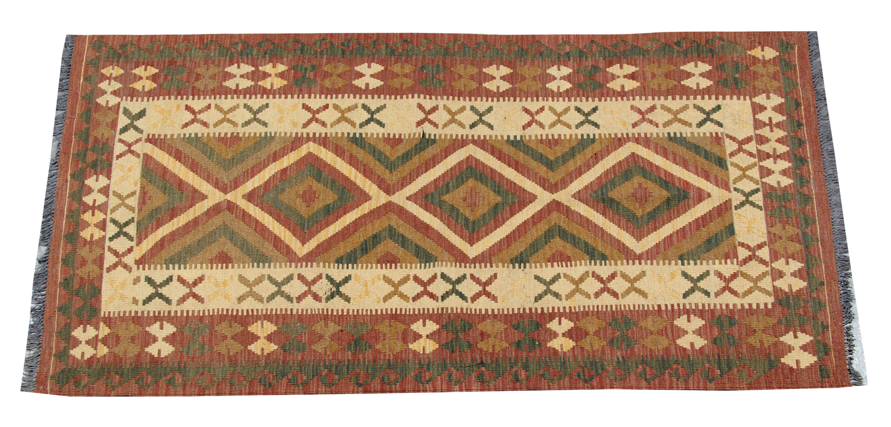 Vintage handmade afghan kilim, flat-woven brown wool geometric rug- 97x198cm