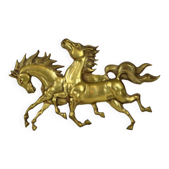 Sculpture Chevaux Laiton Décoration Murale Seventies Hollywood Regency Design 57cm