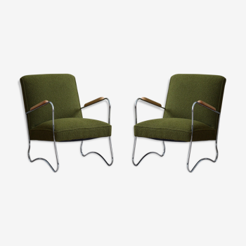 Bauhaus style armchairs, 1950s, polish design, kvadrat reupholstery, set of 2