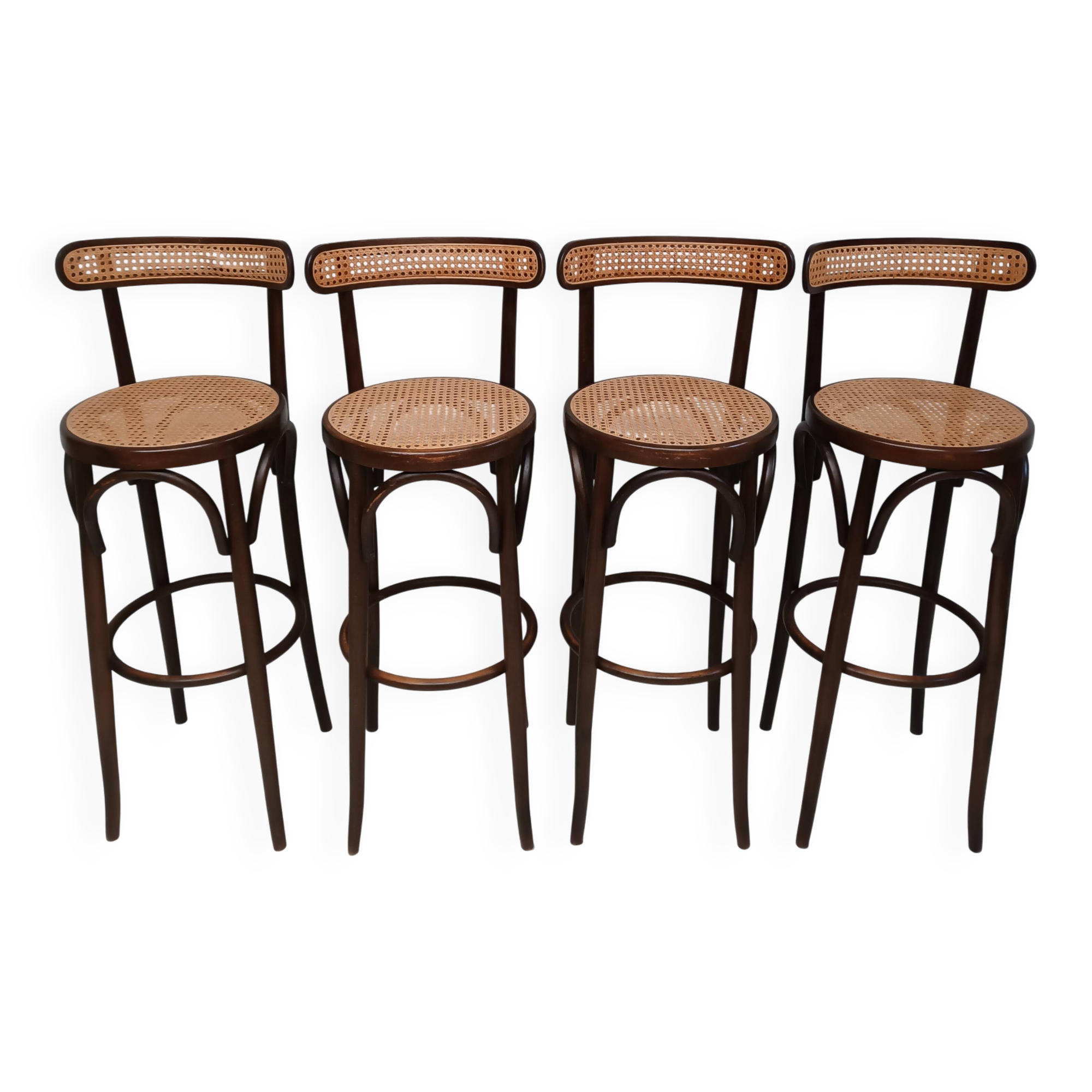 4 curved wood and cane bar stools