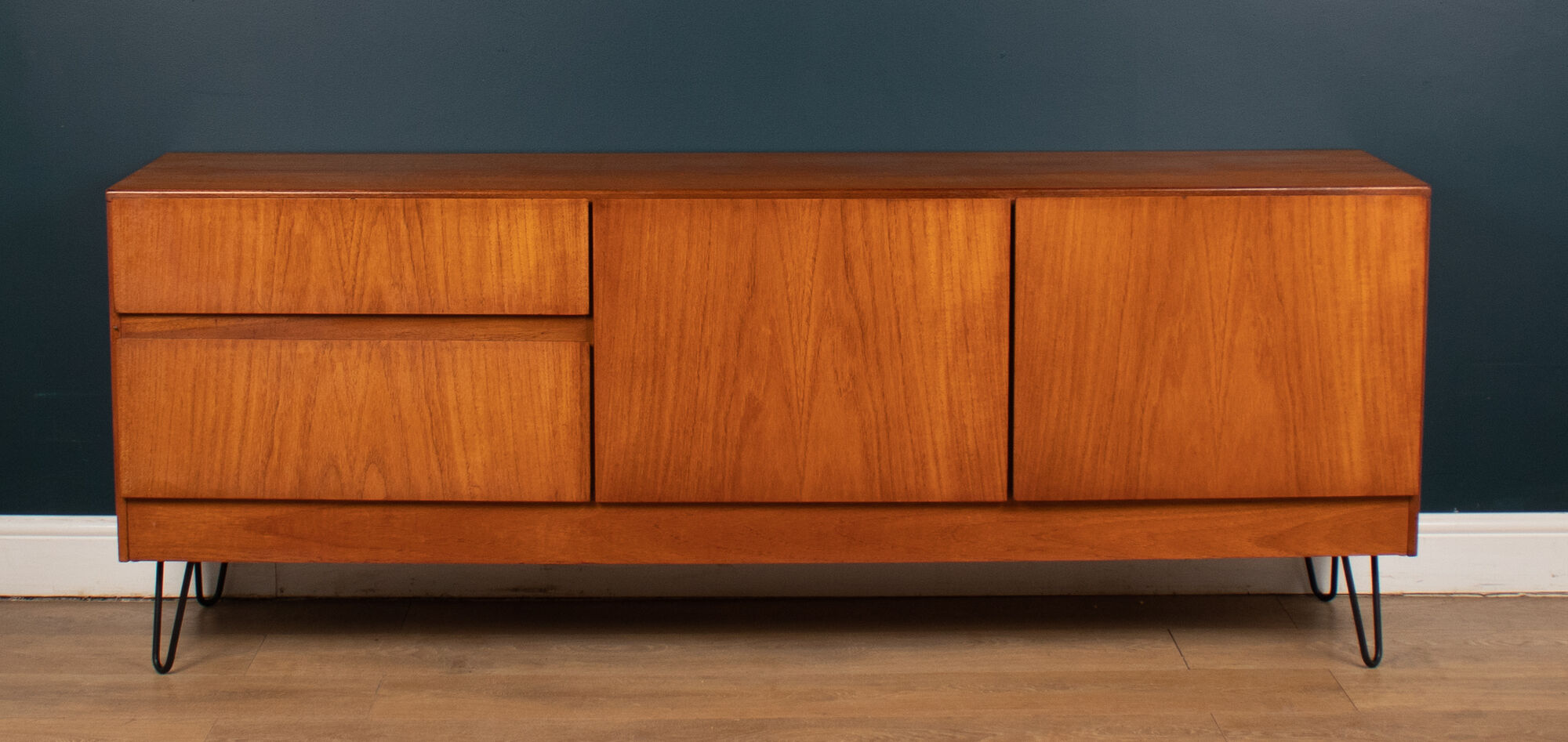 Retro Teak 1960s White & Newton Style S Form Sideboard Cabinet On Hairpin Legs