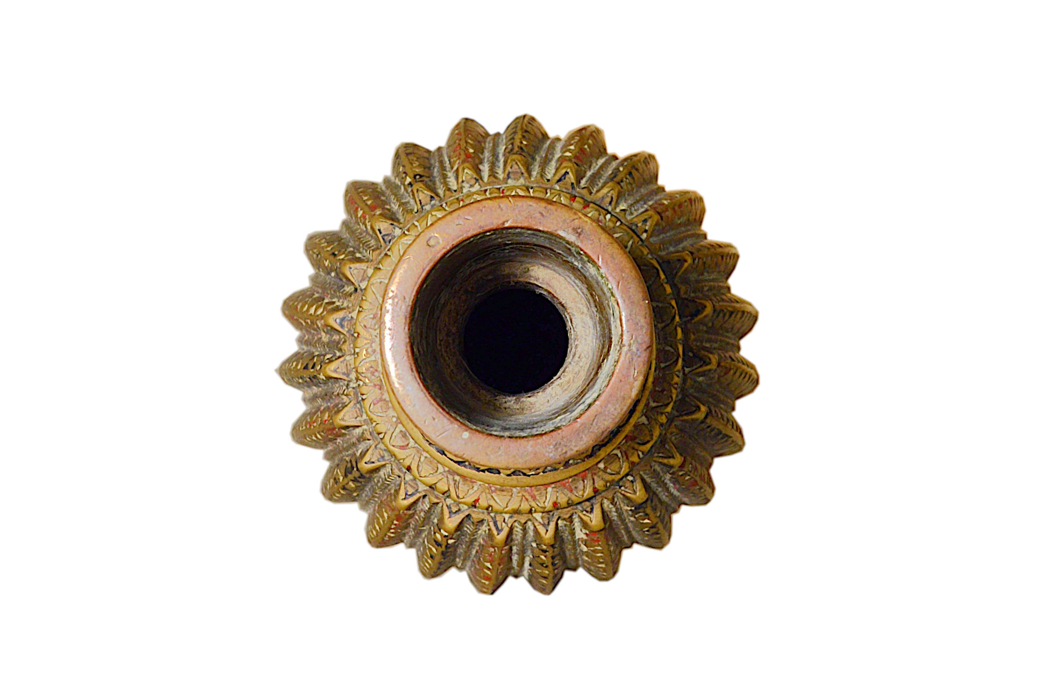 Antique bronze vase with black and red geometric patterns, 13x25cm.