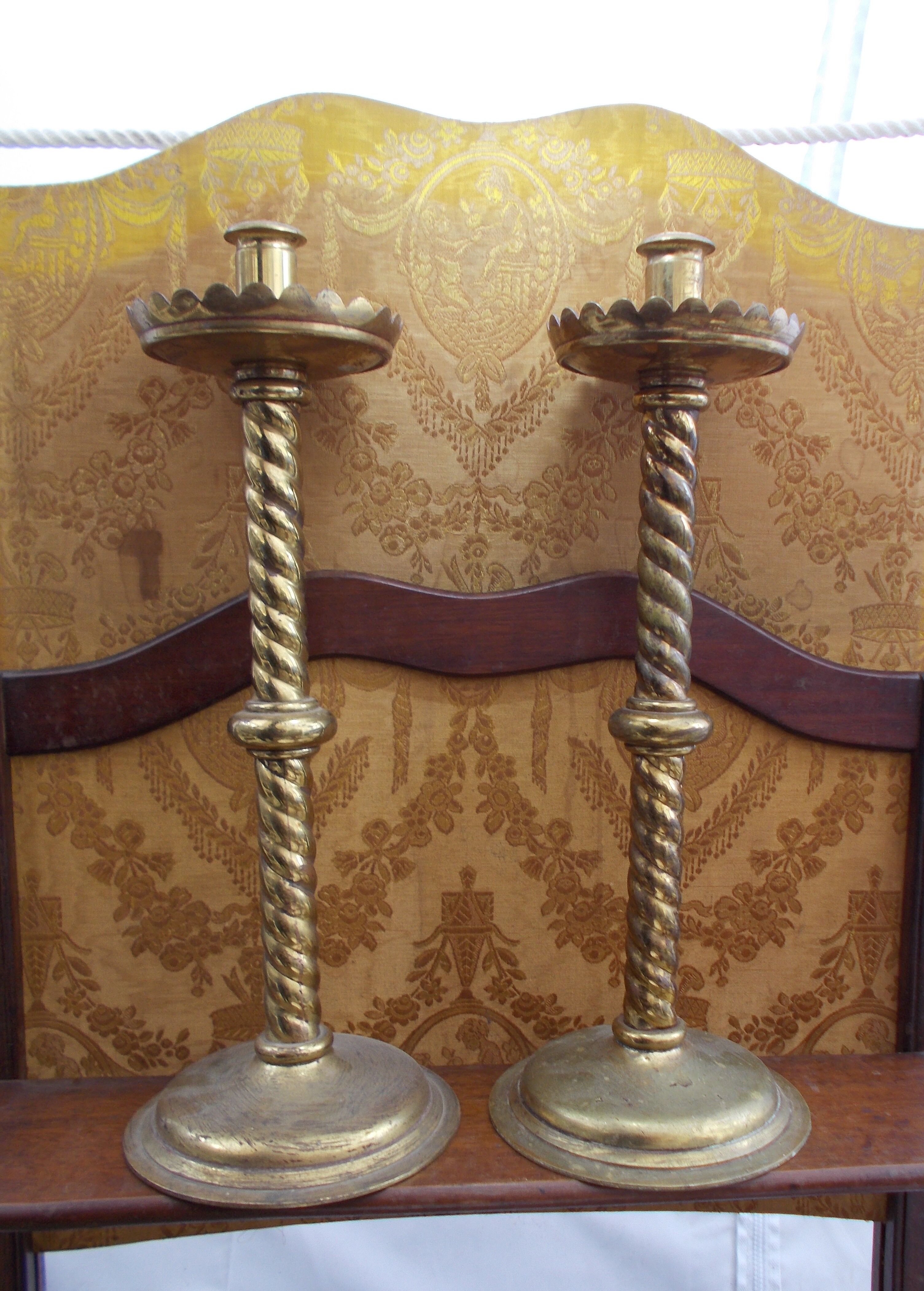 Pair of antique candle holders 19th brass 39 cm