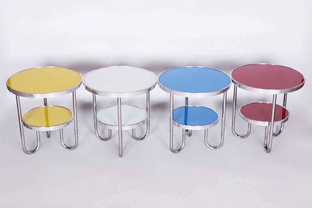 Small Czech Blue Bauhaus Table in Chrome from Kovona, 1930s