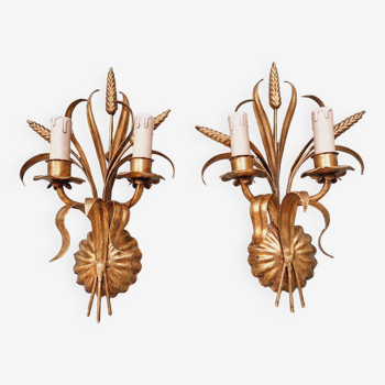 Pair of wall lights in gold metal, ears of wheat, 1970s