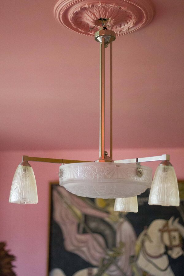 Lustre art déco bronze nickelé avec verre tulipe art déco, lampe de plafond, suspension art déco, 30