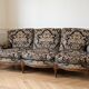 Living room set: sofa and 2 Louis XV armchairs in wood and damask fabric.