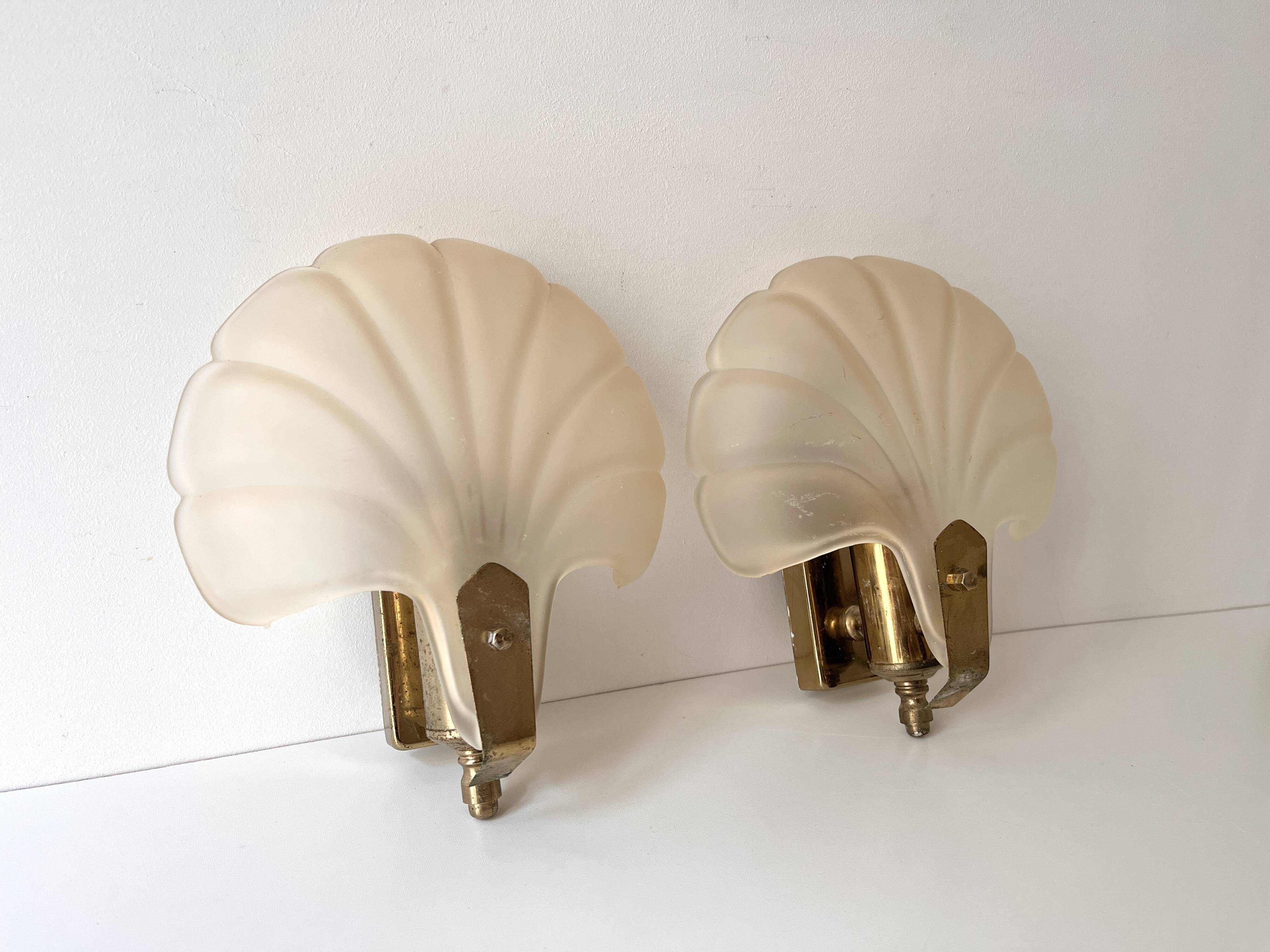 Pair of vintage shell glass wall lights, Art Deco style fixtures.
