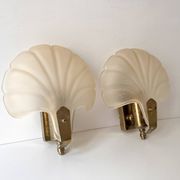 Pair of vintage shell glass wall lights, Art Deco style fixtures.