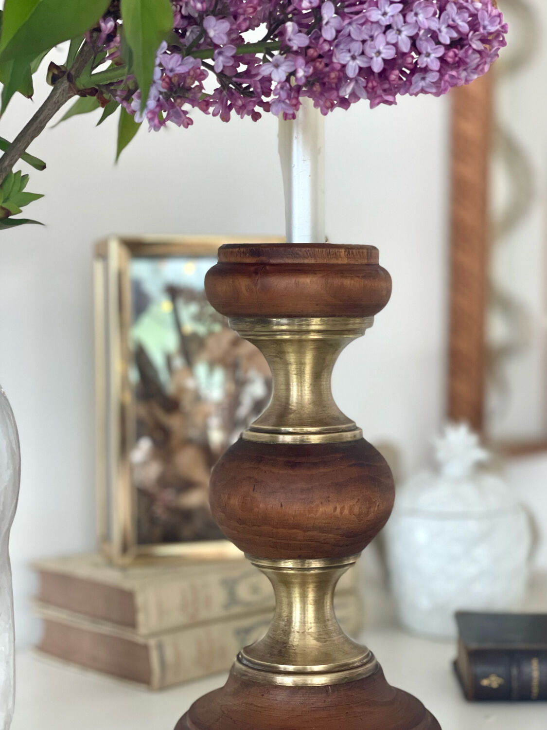 Wood and brass candle holder 1970