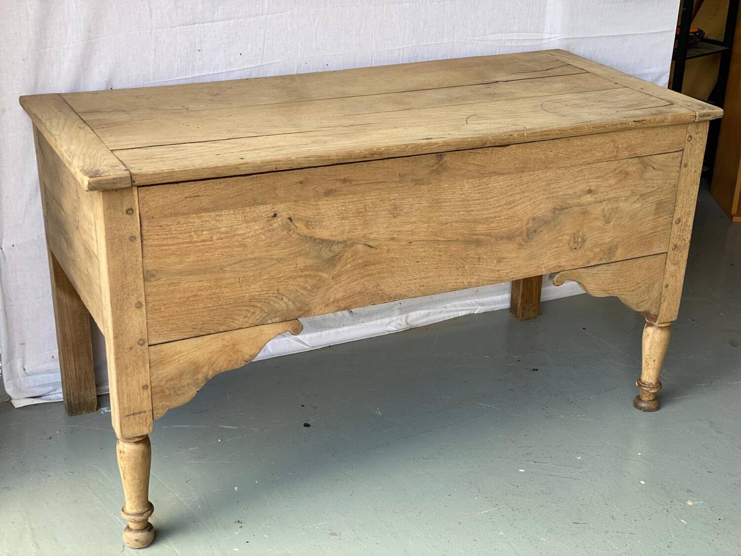 Vintage kneading trough renovated in solid raw oak wood