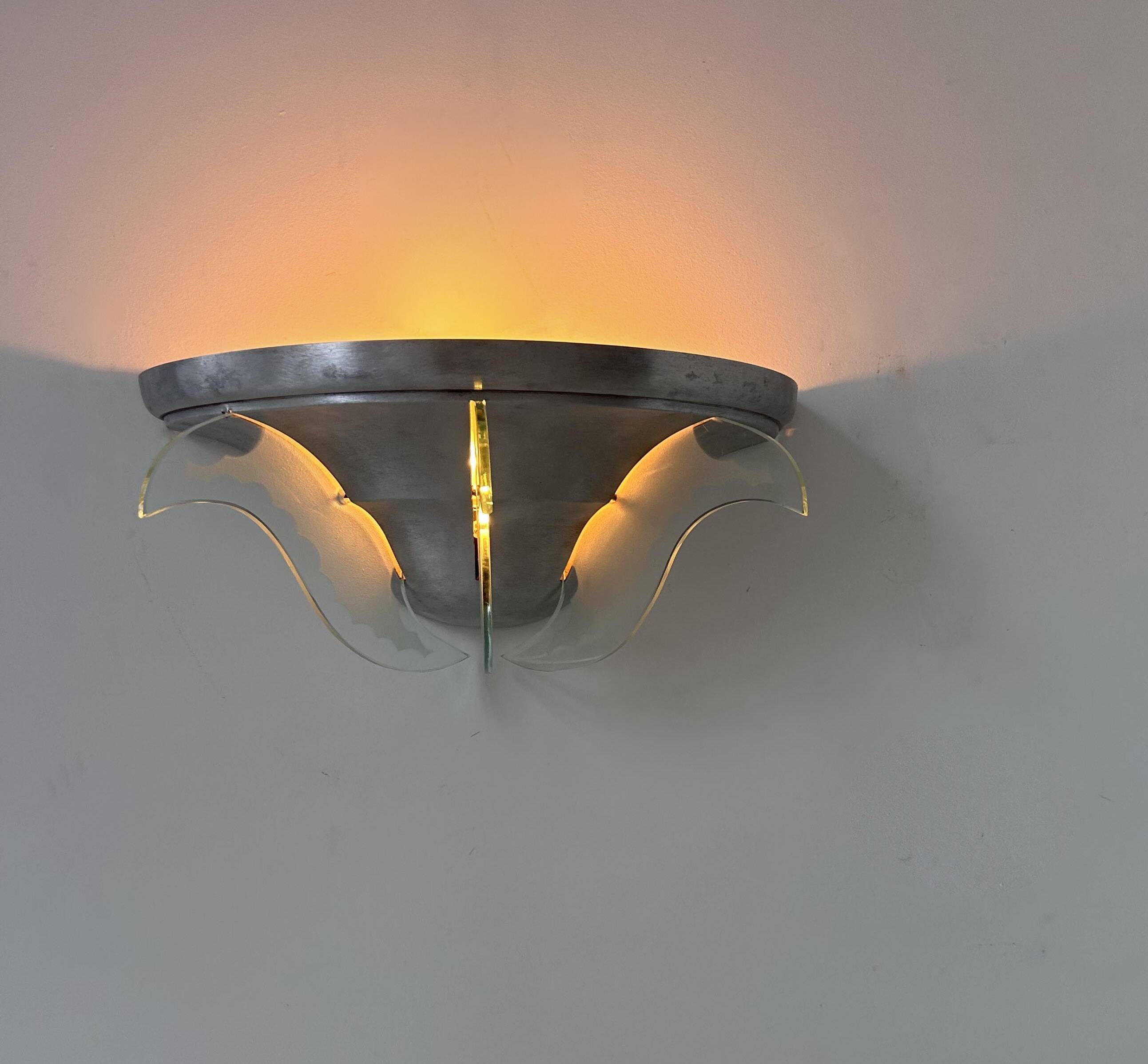 Vintage art deco wall light, brushed metal and glass, France 1930